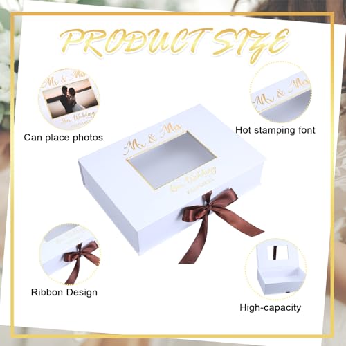 Weysat 12x9 Inches Gold Stamping Font Wedding Keepsake Box Cover with Photo Frame, White Wedding Memory Box with Ribbon fo...