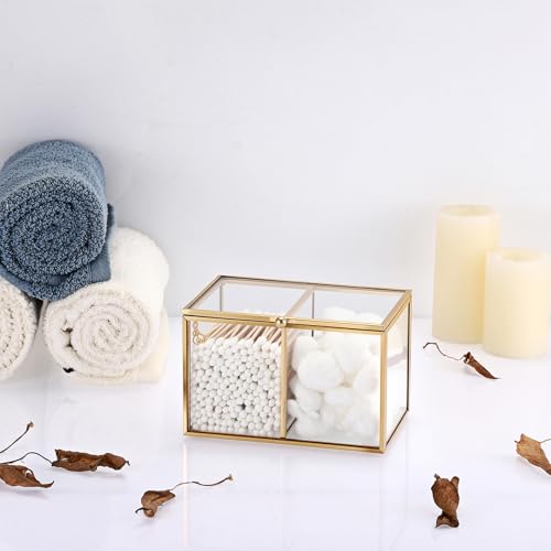 Hipiwe 2 Slots Glass Qtip Holder Gold Q-tip Storage Box with Lid Bathroom Accessories Container for Cotton Balls Cotton Sw...