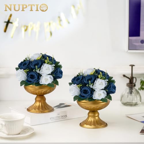 NUPTIO Artificial Flower Centrepieces for Tables - 10 Pcs Navy Blue & White Fake Flowers Roses Balls 9.5in Diameter - Silk...