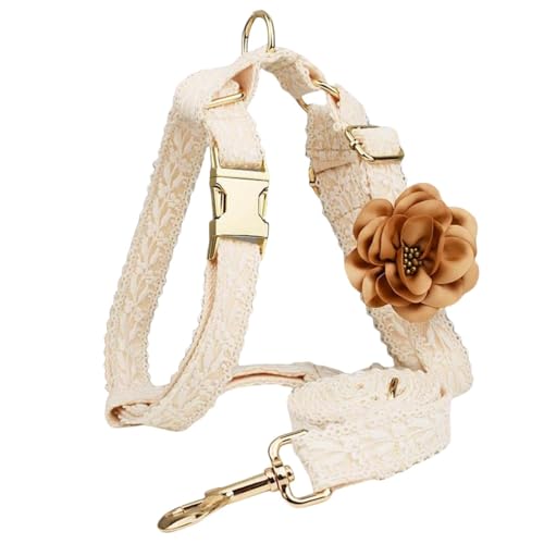 HQREA White Dog Harness and Leash Set Adjustable Lace Harness for Girl Dogs Luxury Dog Harness No Pull with Handle & Bow F...