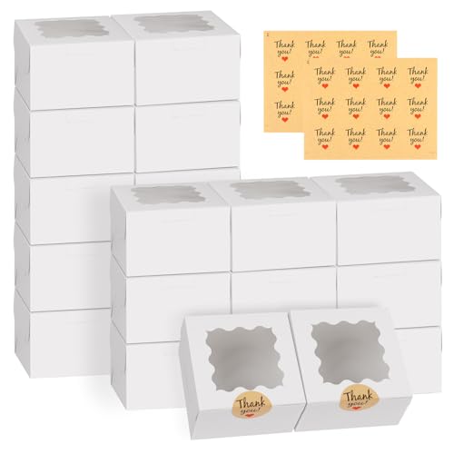 WINKIO 24pcs White Cookie Boxes, 4x4x2.5 Inches Bakery Boxes with Window, for Mini Cake Treat Dessert Pastry Donuts Macaro...