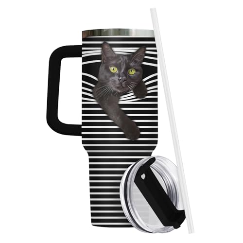 34HD Cute Black Cat Tumbler 40oz with Handle and Straw, Striped Peeking Cat Stainless Steel Vacuum Insulated Travel Coffee...
