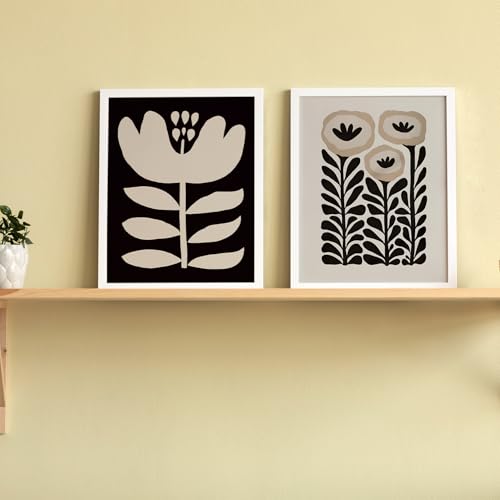 JXREQ Vinatge Boho Abstract Matisse Floral Wall Art, Mid Century Modern Abstract Black and Beige Floral Wall Decor for Hom...