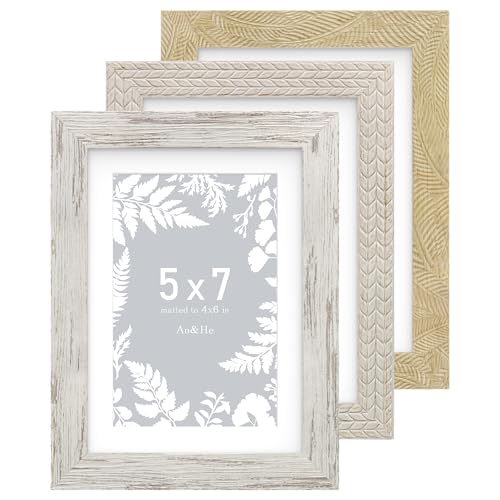 An&He 5x7 Picture Frames Set of 3, Rustic Vintage Photo Frame with HD Plastic Cover, for Wall Hanging or Tabletop Display,...
