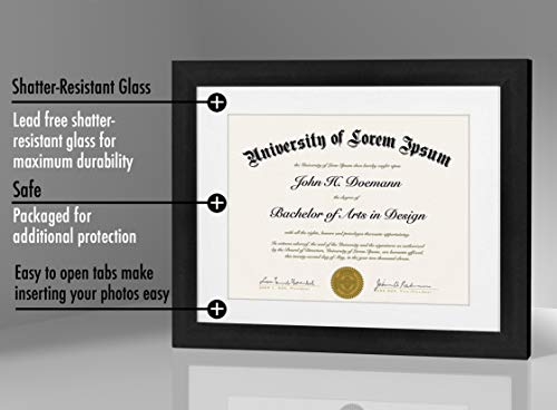 Americanflat 11x14 Diploma Frame with Shatter-Resistant Glass - Use as 8.5x11 Frame with Mat or Display 11x14 Documents Wi...