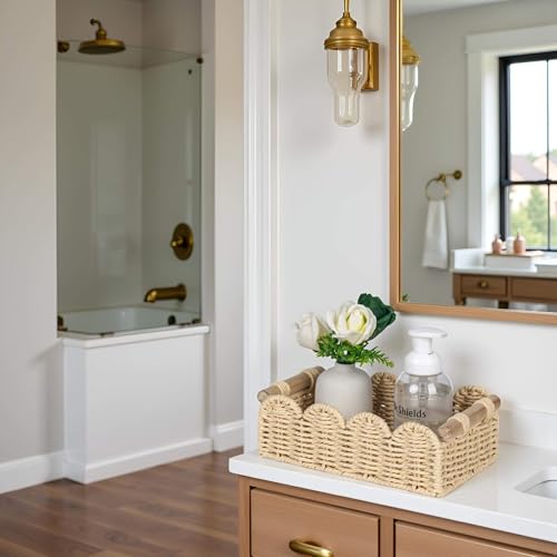 CubesLand Scalloped Edge Toilet Paper Storage Basket, Living Room Home Cozy Decor Basket, Paper Rope Small Baskets for Ove...