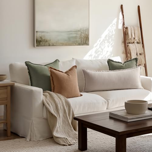 MIULEE Decorative Throw Pillow Covers Neutral Linen Fringe Throw Pillows Set of 1 Natural Beige Boho Farmhouse Cushion Cov...