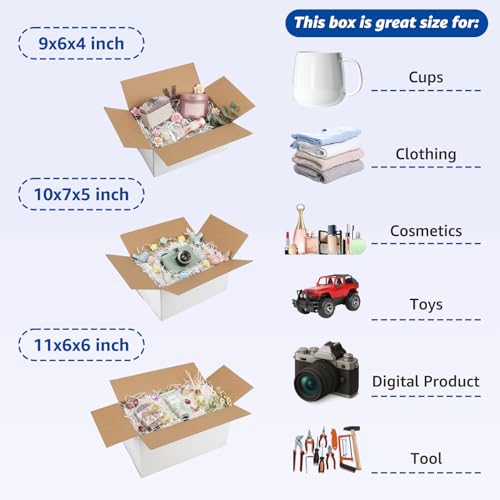 CRUGLA Assorted Sizes Shipping Boxes 30 Pack (11x6x6, 10x7x5, 9x6x4), White Corrugated Cardboard Mailers, Each 10 PCS Smal...