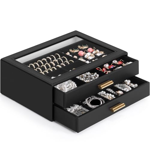 AKOZLIN Jewelry Box with Clear Lid Functional Leather Jewelry Storage Organizer Case 2 Drawers for Women Girls Necklace Ri...