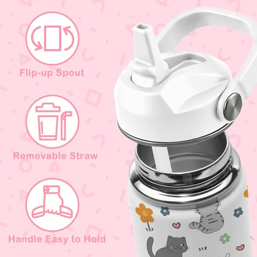 Cat Gifts for Kids, 16oz Cat Water Bottle with Straw Lid, Stainless Steel Insulated Tumbler for Girls, Cats Lovers Present...