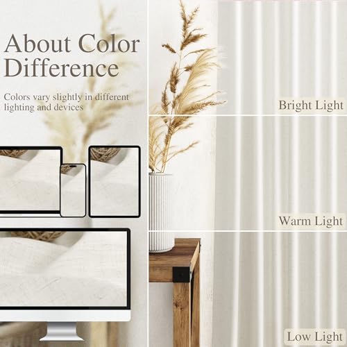 Cream Linen Back Tab Curtains 84 Inch Length for Living Room 2 Panel Set Neutral Modern Farmhouse Window Privacy Semi Shee...