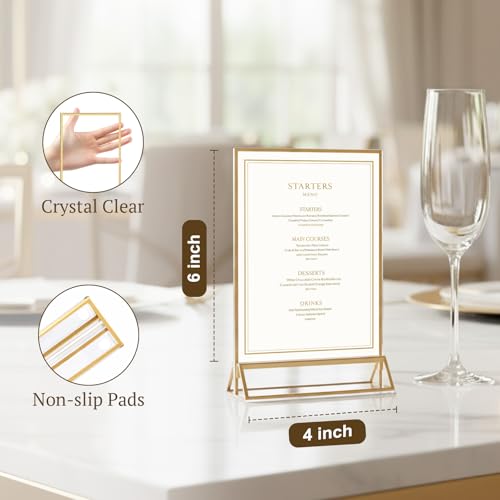 EHWINE 12 Pack Acrylic Sign Holder 4 x 6, Double Sided Gold Picture Frame Stand up Table Top Sign Holders, Clear Display S...