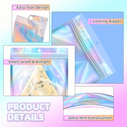 JETMORE 50 PCS Mylar Bags 6x9in, Resealable Holographic Bags, Clear Smell Proof Bag for Gift, Party Favor, Jewelry, Candy,...
