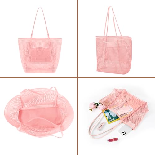 Tavaleu Mesh Beach Bag, Beach Bags for Women, Woven Straw Beach Tote Bag Waterproof with Inner Pocket, Packable Beach Bag