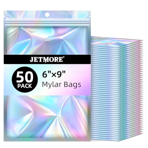 JETMORE 50 PCS Mylar Bags 6x9in, Resealable Holographic Bags, Clear Smell Proof Bag for Gift, Party Favor, Jewelry, Candy,...