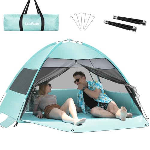 Large Easy Setup Beach Tent,Anti-UV Beach Shade Beach Canopy Tent Sun Shade with Extended Floor & 3 Mesh Roll Up Windows F...