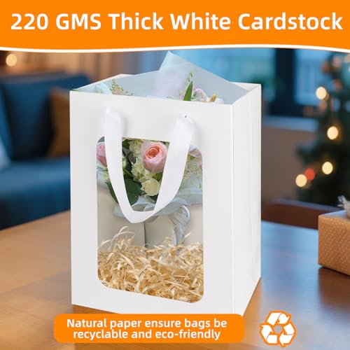 MOXARYSU 6 Pcs White Gift Bags with Clear Window: 9.8x5.1x7.1 Inch Small Medium Kraft Paper Bags with Handle For Party Bus...