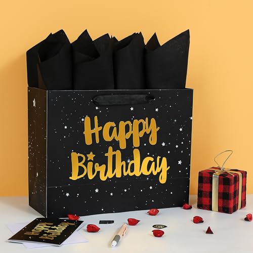 13" Large Black Gift Bag Set with Greeting Card and Tissue Papers (Stars and Gold Foil ‘Happy Birthday’) for Men's or Wome...