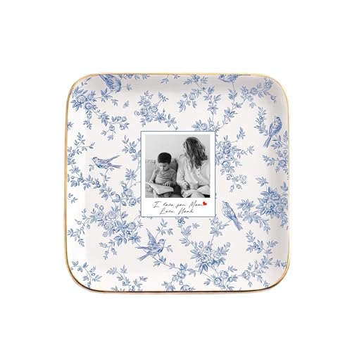 Personalized Photo Ring Dish Custom Ceramic Jewelry Tray Mother's Day Keepsake Square Trinket Bowl With Picture Blue Flora...