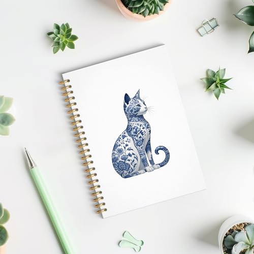ROXMART Vintage Blue Chinoiserie Cat Spiral Notebook, Cat Lovers Mom Lady Gifts Journal, Blue and White Porcelain Floral K...