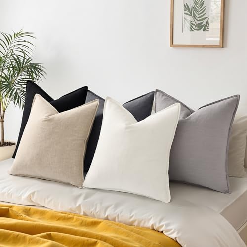 decorUhome Summer Decorative Linen Throw Pillow Covers 20x20 Inch Set of 2 Natural Beige Pillow Covers with Flange Edges S...