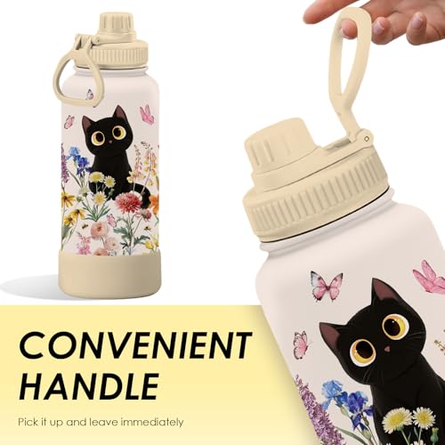 Gift for Cat Lovers - 34oz Black Cat Water Bottle for Girls, Cats Flower Tumbler with Lid, Leak-Proof, Double Wall Travel ...