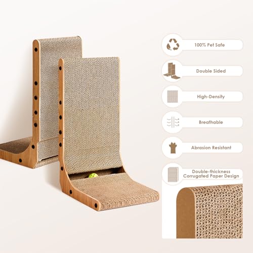 EHEYCIGA Cardboard Cat Scratcher for Indoor Cats, 26.8 Inch L Shaped Vertical Cat Scratching Board with Ball Cat Toy, Larg...