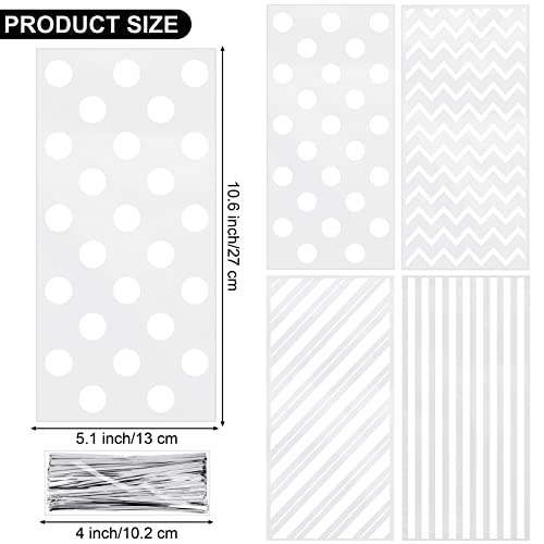 Aodaer 100 Pieces 10.6 x 5.1 In White Cellophane Bags Plastic Candy Gift Bag Cellophane Treat Bags with Twist Ties Stripes...
