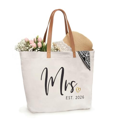ELEGANTPARK Mrs Gifts for Bride 2026 - Large Canvas Wedding Tote Bag with Zipper, Bridal Shower Gift for Bride to Be, Bach...