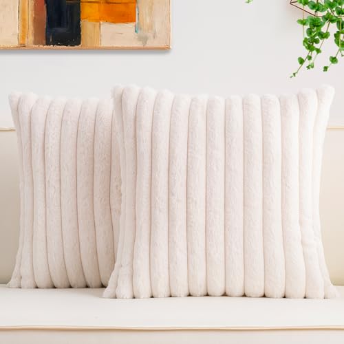 Aegero Pack of 2 Faux Fur Christmas Throw Pillow Covers 18x18 Inch, Soft Plush Striped Neutral Couch Pillow Cover, with Ve...
