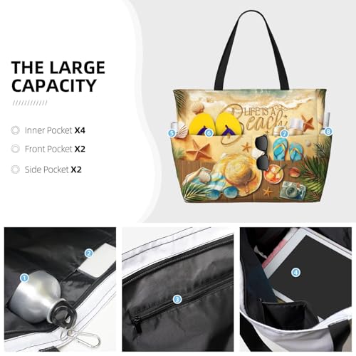 Amsnkee Large Waterproof Sandproof Beach Tote Bag for Women with Zipper & 7 Pockets, Lightweight Foldable Pool Swim Bag