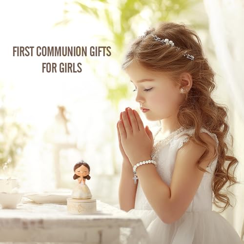 First Communion Gift Set for Girls - Resin Prayer Girl Figurine with Dove & Olive Branch Design, White Religious Keepsake ...