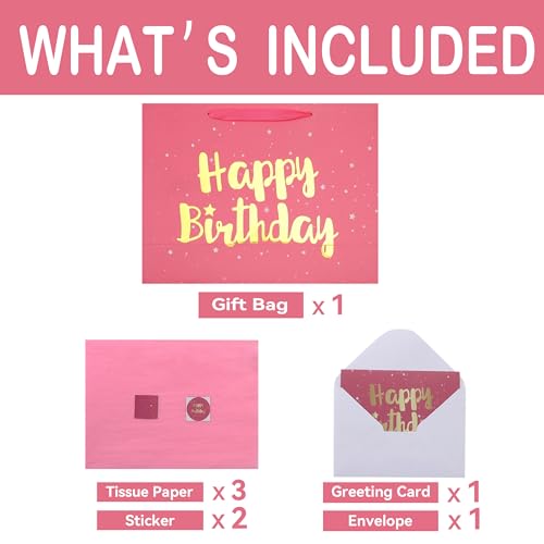 Qirrmiy 16.5” Extra Large Pink Happy Birthday Gift Bag Set with Handles, Greeting Card, Tissue Papers and Stickers for Wom...