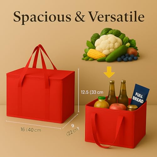 musbus 2-Pack XL-Large Insulated Grocery Shopping Bags, Red, Reusable, Heavy Duty, Zipped Zipper,Collapsible,Tote,Cooler,G...