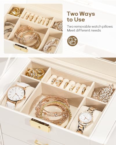 Homde Synthetic Leather Huge Jewelry Box Mirrored Watch Organizer Necklace Ring Earring Storage Lockable Gift Case (White...
