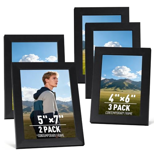MAXECHO Picture Frame Set of 5, Two 5"x7", Three 4"x6", Black Gallery Photo Frame for Collage Wall and Tabletop Display Ho...