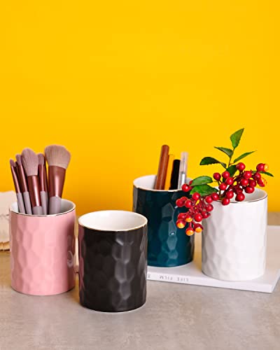 WHJY Ceramic White Pencil Cup, Makeup brushes Holder, Gold Pen Holder for Desk Cute Small Boho Brush Holder, Modern Geomet...
