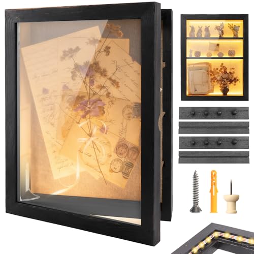 Shadow Box 14x11 Black Picture Frames Display Cases with LED Light,Memory Keepsakes Boxes with 4 Removable Trinket Shelf,f...