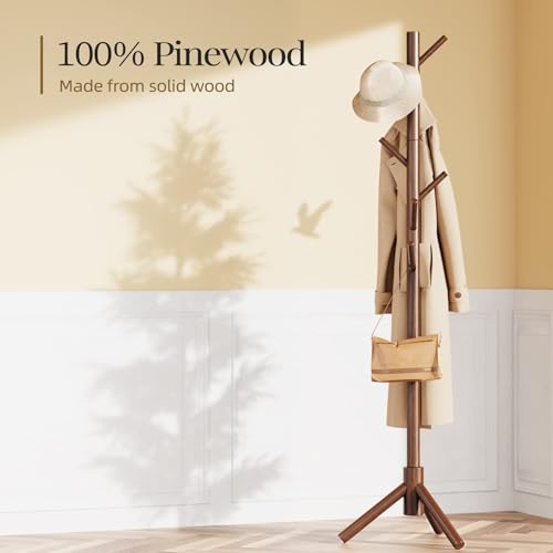 Pipishell Sturdy Wooden Coat Tree with 8 Hooks, 3 Adjustable Sizes for Clothes, Hat Stand Used in Bedroom/Office/Entryway,...
