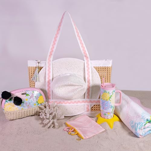 Lilly Pulitzer Large Travel Tote Bag with Hat Holder Strap, Caning Beach Bag with Tassel Keychain
