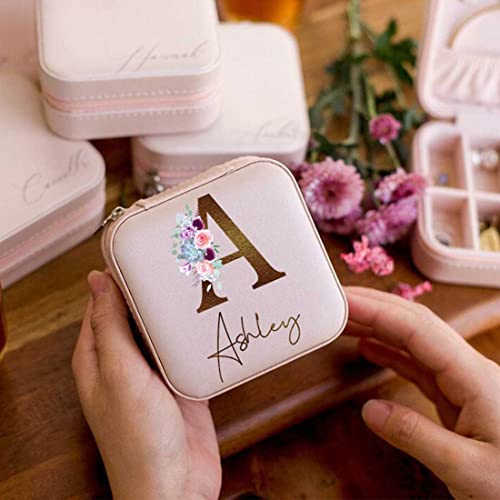 DayOfShe Personalized Bridesmaid Gifts-Travel Jewelry Box for Bachelorette Party Gifts-Leather Initial Floral Jewelry Orga...