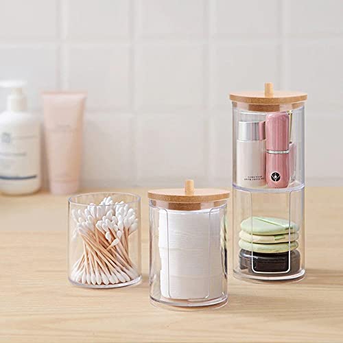 WJASI Qtip Holder Dispenser with Cotton Pads Jar Set Bamboo Lid Stackable Bathroom Counter Acrylic Organizer to Storage Co...