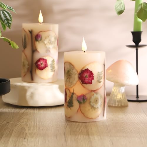 MIYA LIFE Apple Cinnamon Candles with Rose Petals - 3.5" x 6" LED Candle with Real Wax & Dried Flowers - Battery Operated ...