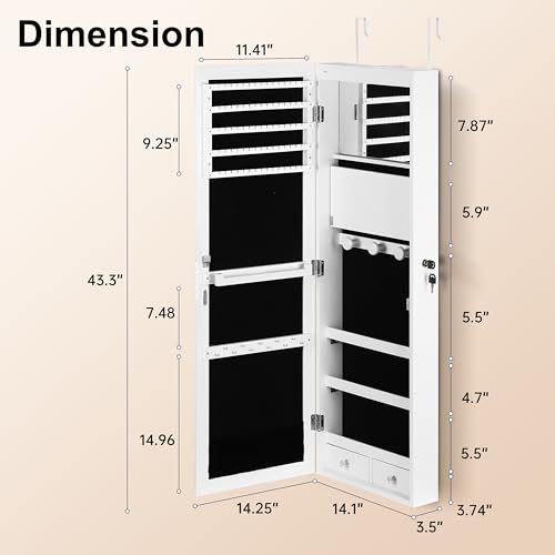JOYUSAEN Mirror Jewelry Cabinet, Wall/Door Mounted Jewelry Armoire with Full-Length Mirror, Hanging Jewelry Organizer with...