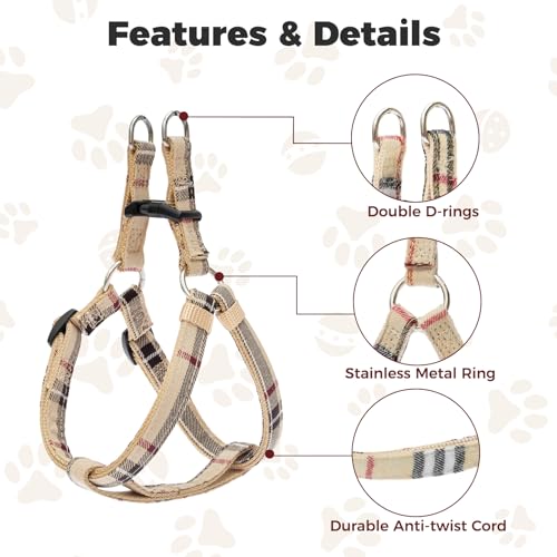 BINGPET Dog Harness Collar Leash Set,Adjustable No Pull Escape Proof Small Dog Harness,Classic Plaid Puppy Harness and Lea...