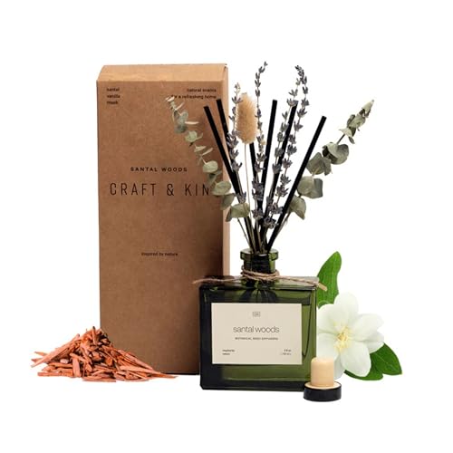 Craft & Kin Reed Diffuser with Dried Flowers | 5 oz Santal Woods Scented Reed Diffusers for Home, Bathroom | Scent Sticks...
