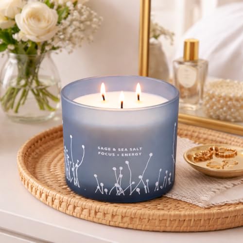 White Sage Sea Salt 3 Wick Candle - Large Soy Scented Candle 14.5 oz - Sage Candle for Cleansing House - Aromatherapy Ener...