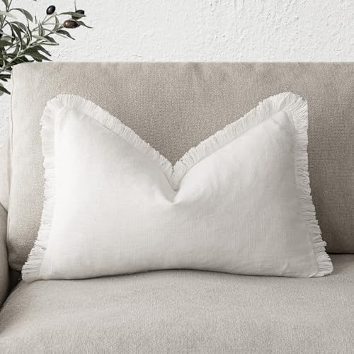 Foindtower Decorative Linen Fringe Lumbar Throw Pillow Covers Cozy Boho Farmhouse Cushion Cover with Tassel Soft Accent Pi...