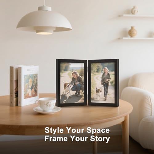 FOREV 4x6 Double Picture Frame Wooden Hinged Photo Frame Definition Glass Stand Vertically on Desktop or Tabletop Black