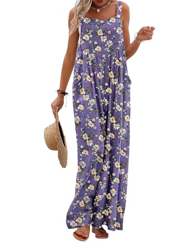 YESNO Women's Summer Casual Overalls Loose Wide Leg Jumpsuits Boho Floral Printed Baggy Rompers with Pockets PZH